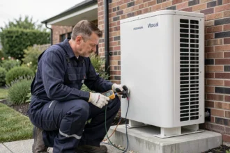 Technicien installant une pompe à chaleur Viessmann Vitocal 300 sur la façade extérieure d'une maison individuelle