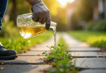 Personne versant du vinaigre sur des mauvaises herbes en extérieur