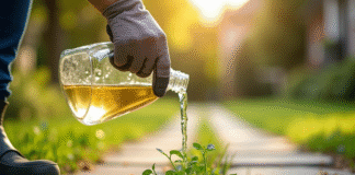 Personne versant du vinaigre sur des mauvaises herbes en extérieur