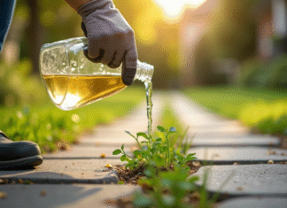 Le vinaigre : une solution bio pour se débarrasser des mauvaises herbes Personne versant du vinaigre sur des mauvaises herbes en extérieur