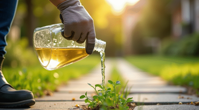 Personne versant du vinaigre sur des mauvaises herbes en extérieur