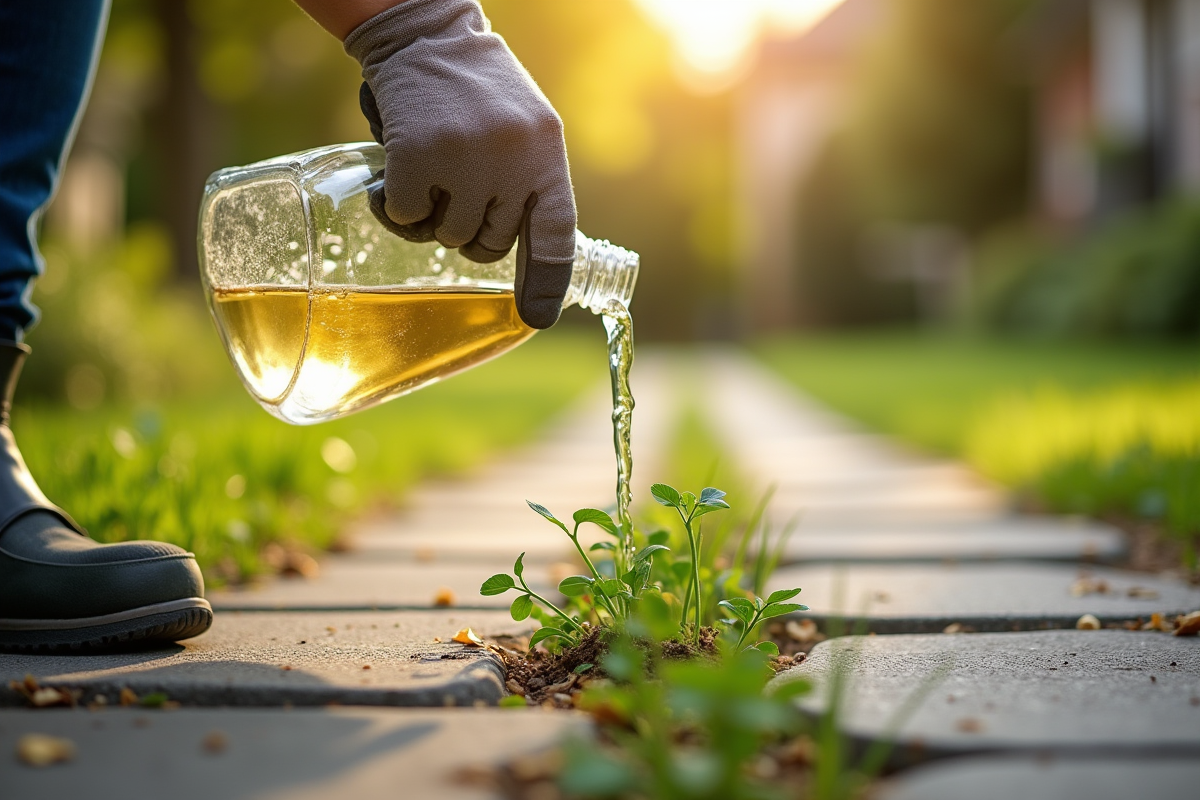 Personne versant du vinaigre sur des mauvaises herbes en extérieur