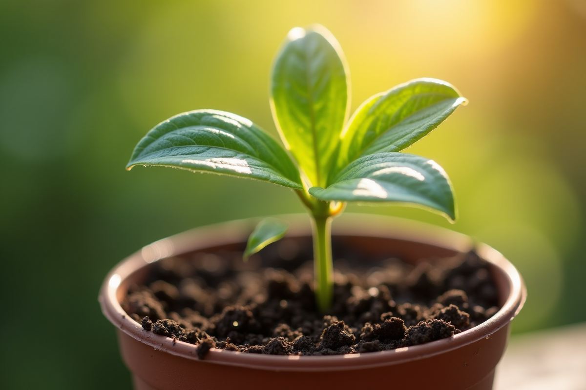 Jeune chèvrefeuille planté dans un petit pot avec terre humide