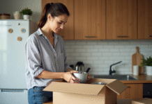 Jeune femme emballant de la vaisselle dans une cuisine lumineuse