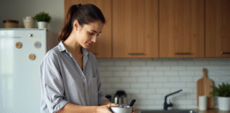 Jeune femme emballant de la vaisselle dans une cuisine lumineuse