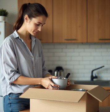 Jeune femme emballant de la vaisselle dans une cuisine lumineuse