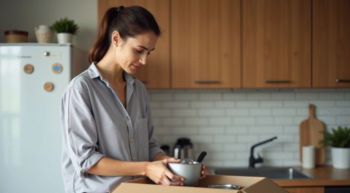 Jeune femme emballant de la vaisselle dans une cuisine lumineuse