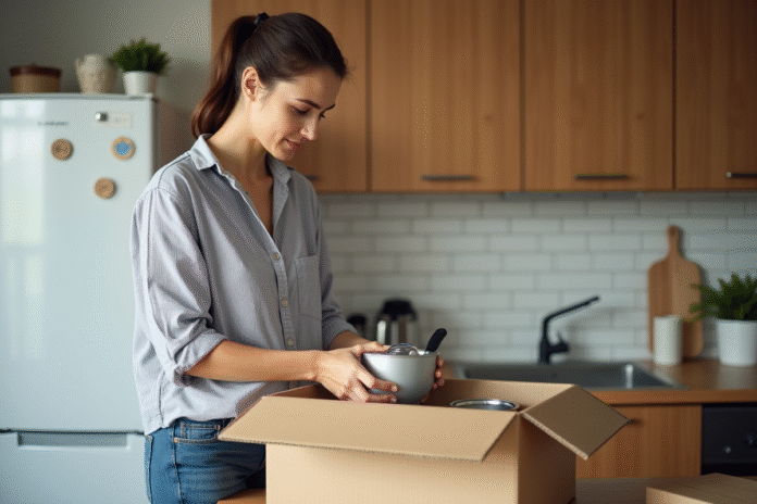Jeune femme emballant de la vaisselle dans une cuisine lumineuse
