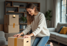 Jeune femme emballant une boîte dans un appartement moderne