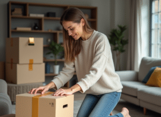 Jeune femme emballant une boîte dans un appartement moderne
