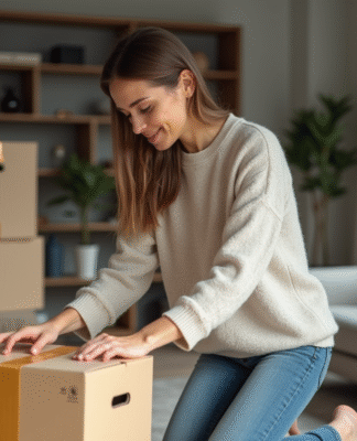 Jeune femme emballant une boîte dans un appartement moderne