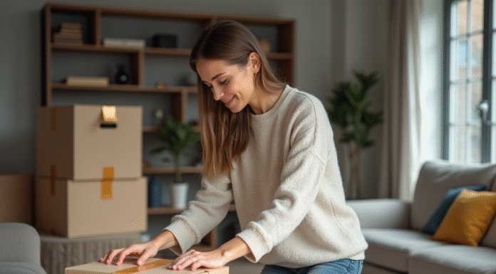 Jeune femme emballant une boîte dans un appartement moderne