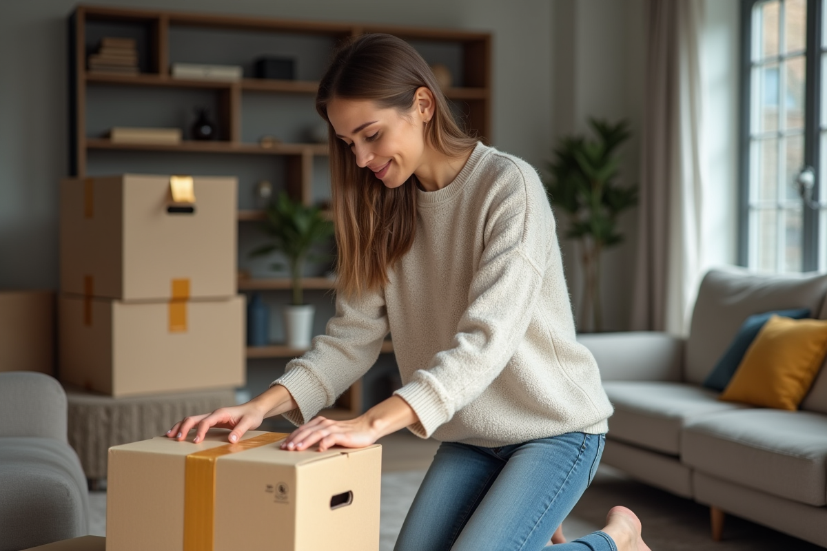 Jeune femme emballant une boîte dans un appartement moderne