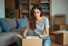 Déménagement : déménager en 2 semaines, est-ce suffisant ? Jeune femme emballant des livres dans un carton dans un salon moderne