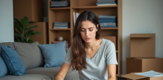 Déménagement : déménager en 2 semaines, est-ce suffisant ? Jeune femme emballant des livres dans un carton dans un salon moderne