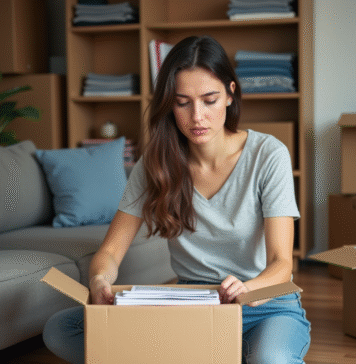 Jeune femme emballant des livres dans un carton dans un salon moderne