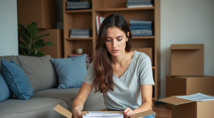 Jeune femme emballant des livres dans un carton dans un salon moderne