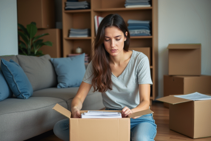 jeune-femme-emballage-livres Jeune femme emballant des livres dans un carton dans un salon moderne