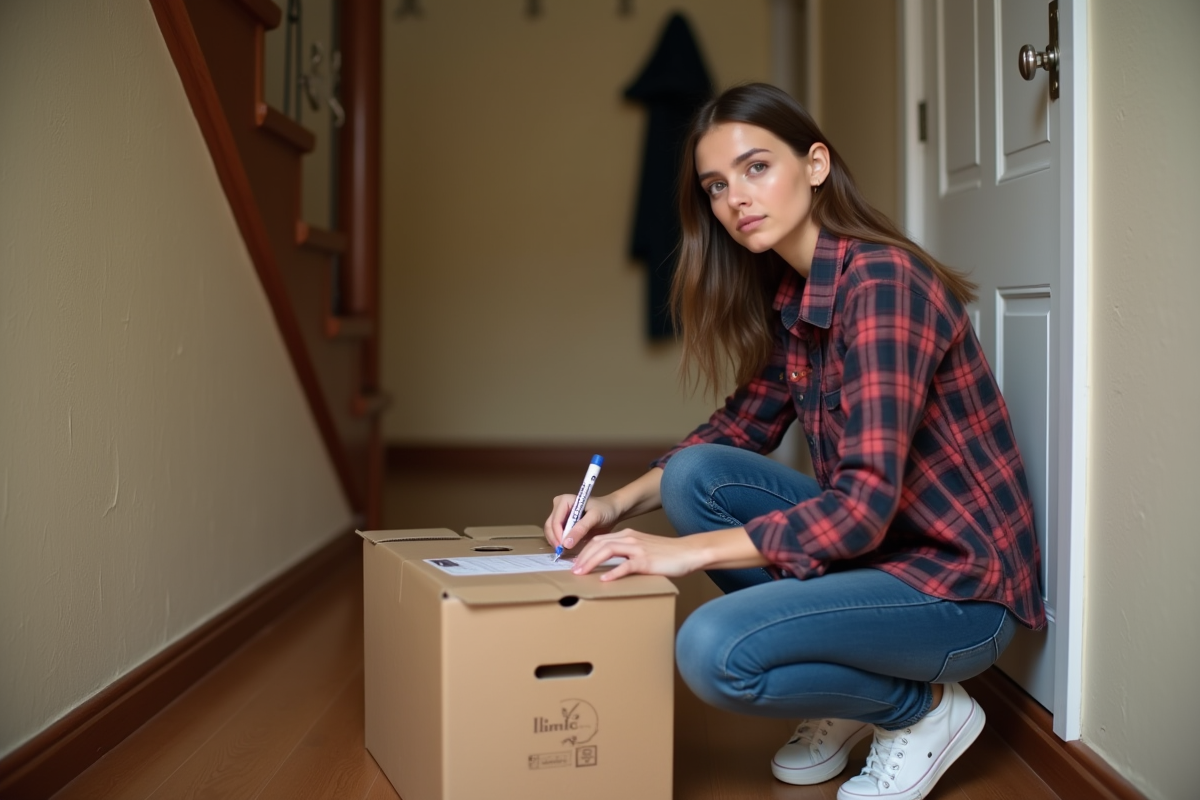 Jeune femme dans un couloir étiquetant une boîte de télévision