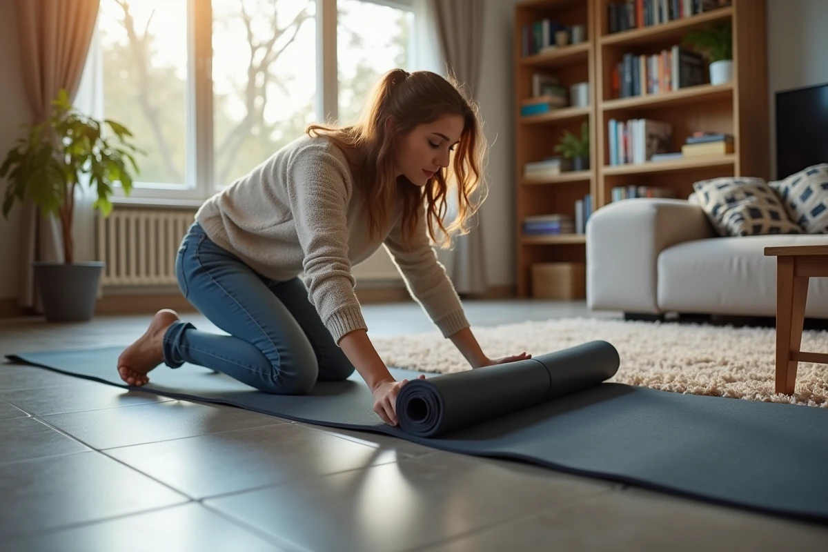 Jeune femme pose un matelas de camping sur le sol moderne