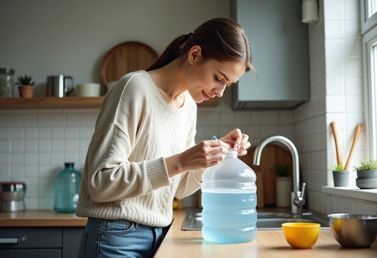 Jeune femme réparant un bidon d