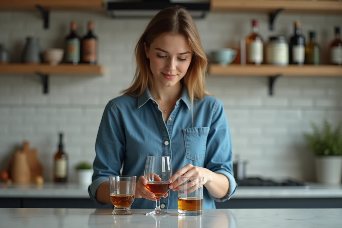 Jeune femme comparant différents verres de whisky dans une cuisine moderne
