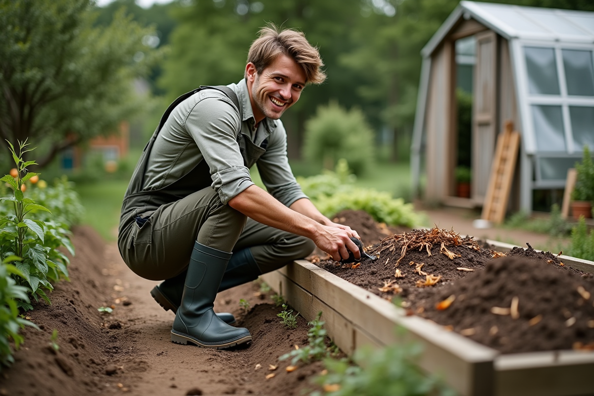 Jeune homme en salopette ajoutant du compost dans un jardin