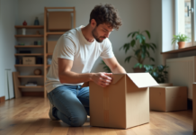 Déménager seul : astuces pratiques pour réussir son déménagement Jeune homme emballant une boxe en carton dans un appartement