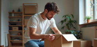 Déménager seul : astuces pratiques pour réussir son déménagement Jeune homme emballant une boxe en carton dans un appartement