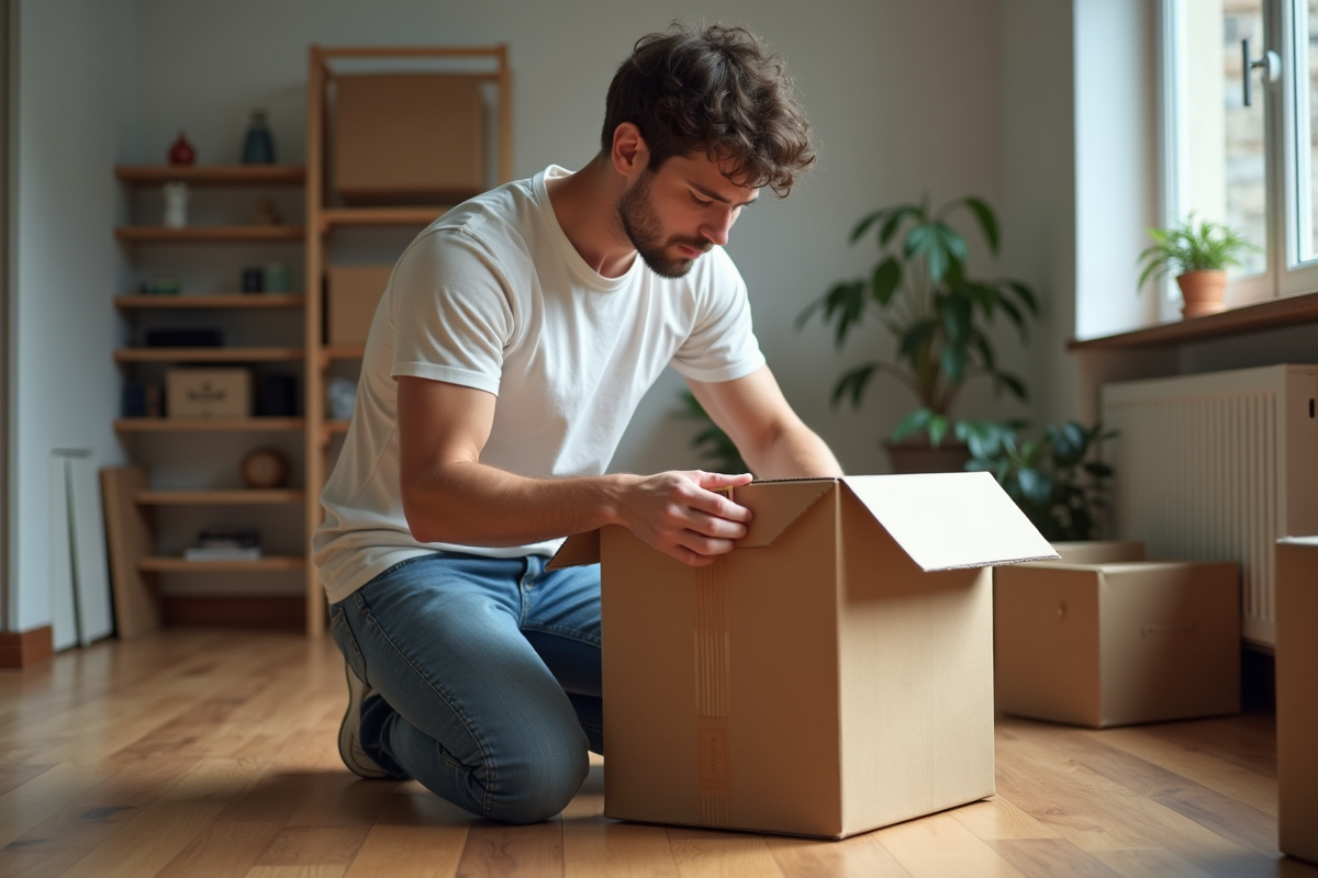 Jeune homme emballant une boxe en carton dans un appartement
