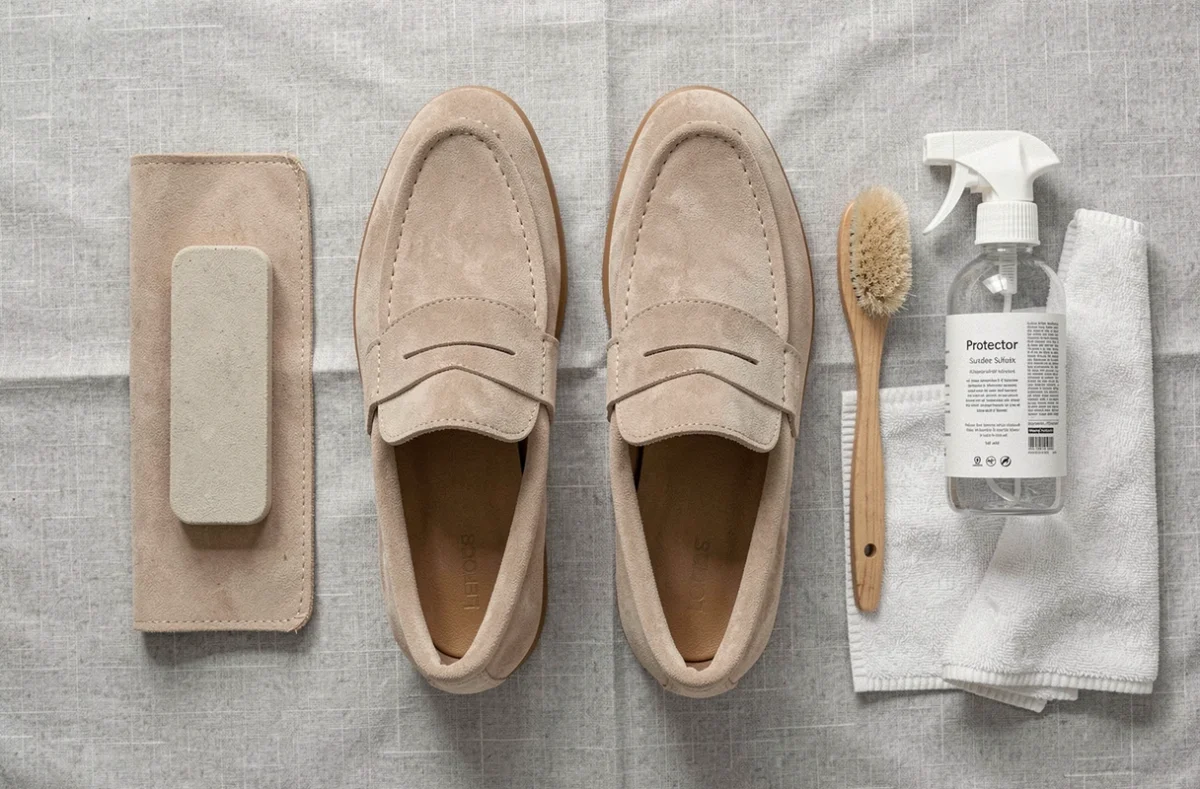 Kit de nettoyage pour daim avec chaussures, gomme, brosse et spray protecteur en flat lay