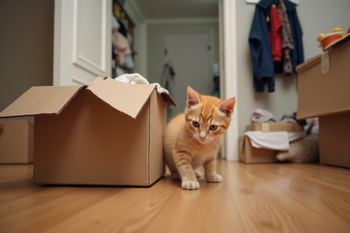 Jeune chaton orange jouant avec une boîte en déménagement