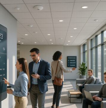 Comment l’automatisation des bâtiments transforme le secteur immobilier ? Photo hyperrealiste d'un lobby moderne avec éclairage intelligent