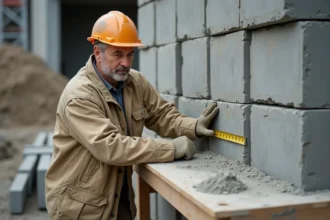 Maçon mesurant l'épaisseur d'un mur en parpaings sur un chantier de construction