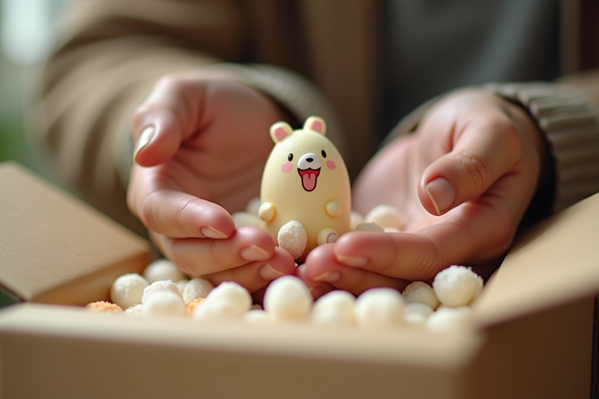 Main tenant une figurine fragile dans un emballage