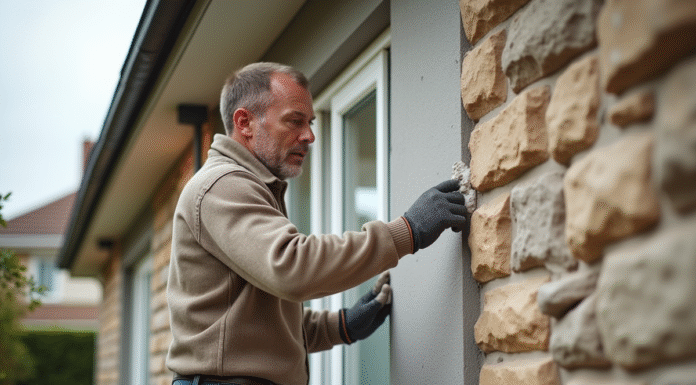 Maçon appliquant un enduit sur une façade de maison