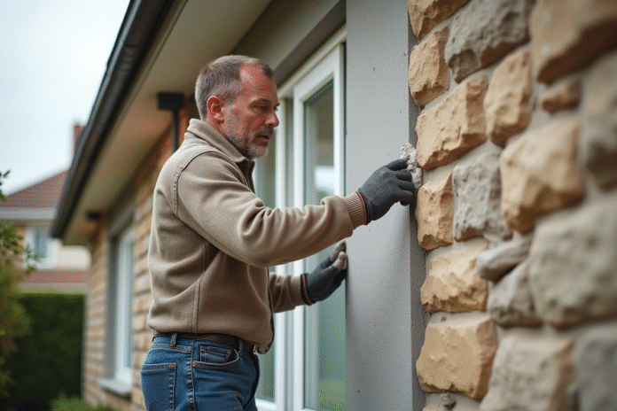 maon-facade-renovation Maçon appliquant un enduit sur une façade de maison