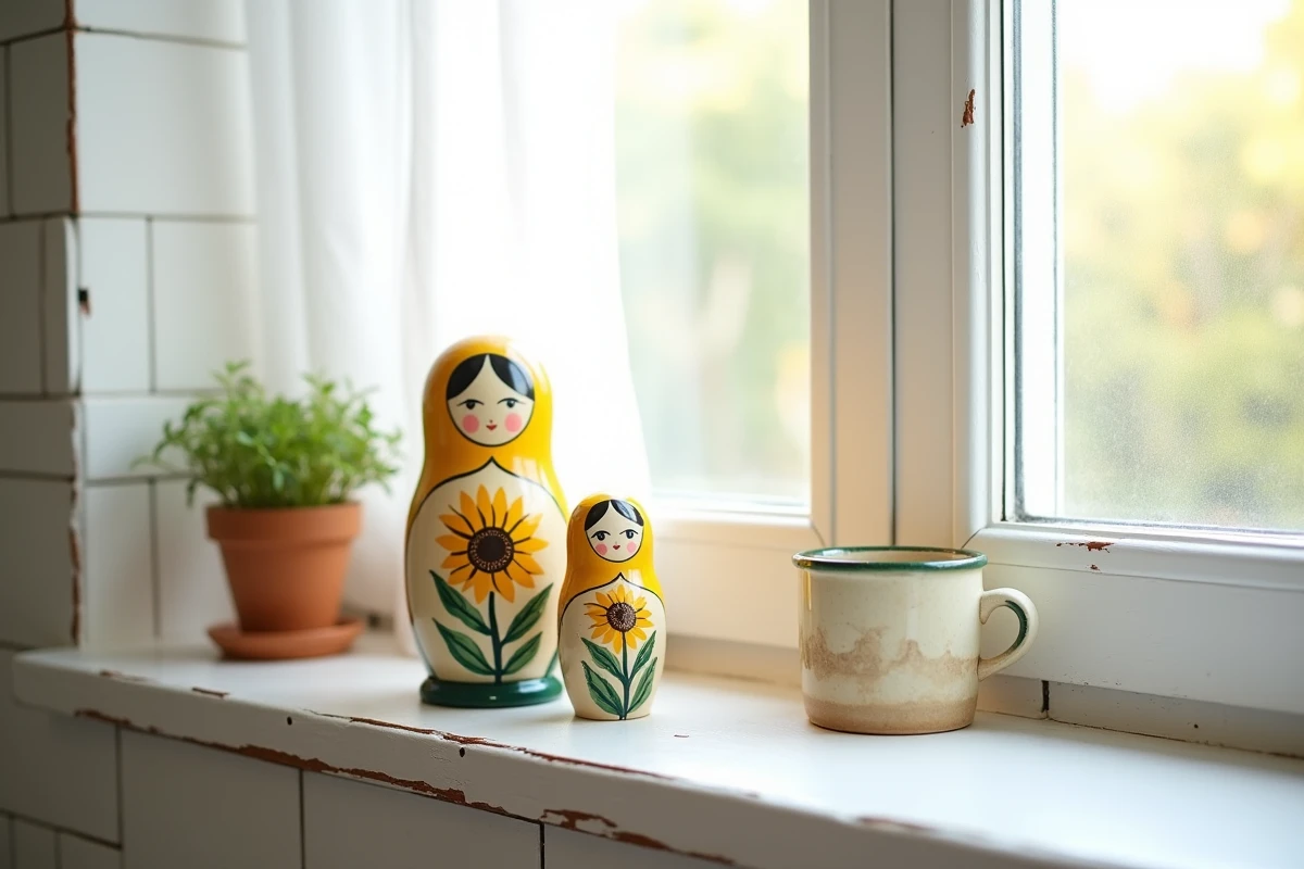 Poupées russes matriochkas peintes à la main sur un rebord de fenêtre de cuisine avec plantes aromatiques et tasse en céramique
