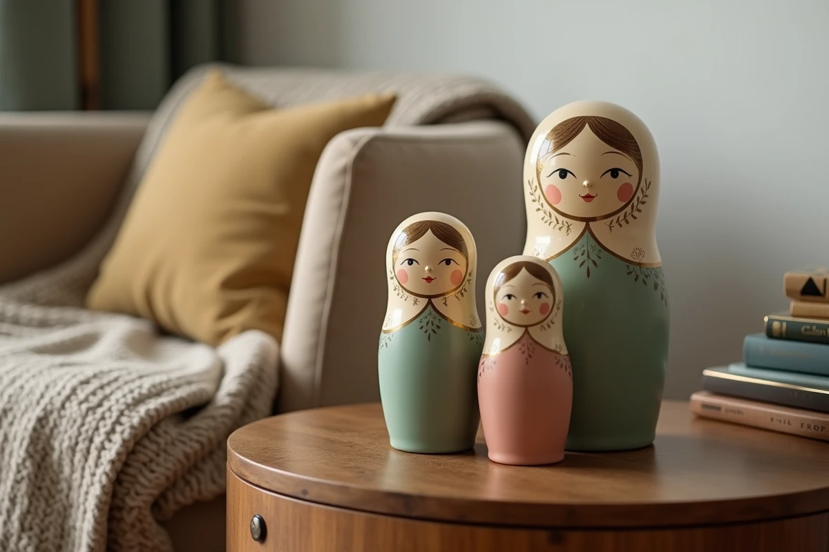 Poupées matriochkas décoratives sur table en bois dans un salon cosy avec fauteuil en lin et plaid en laine