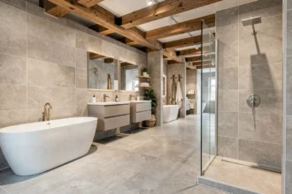 Showroom de salle de bain moderne en Alsace avec baignoire îlot, douche à l'italienne et carrelage grand format