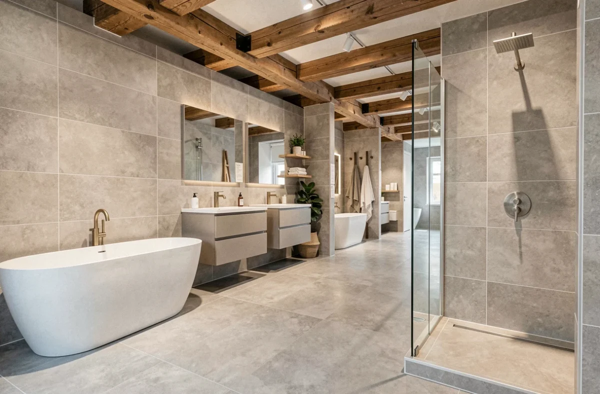 Showroom de salle de bain moderne en Alsace avec baignoire îlot, douche à l'italienne et carrelage grand format
