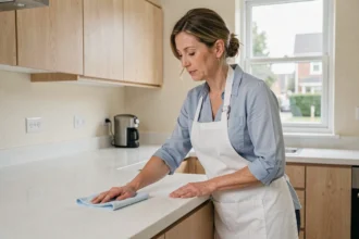 Femme auto-entrepreneur effectuant un ménage à domicile dans une cuisine moderne