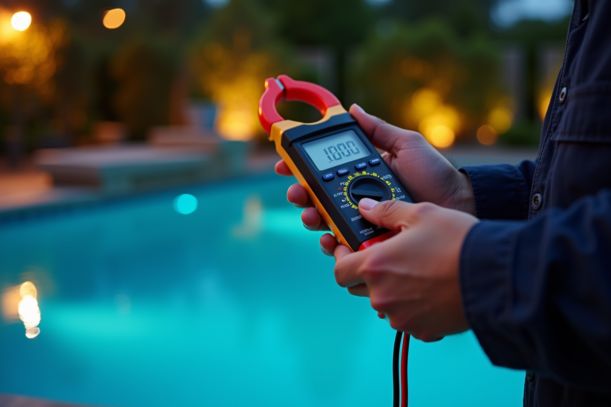 Électricien utilisant un multimètre pour tester l’éclairage de la piscine