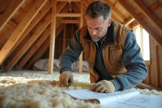 Ouvrier mesurant l'isolation en fibre de bois dans un grenier