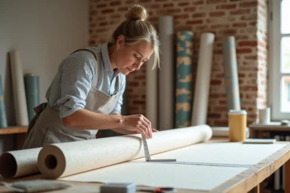 Femme mesurant un rouleau de papier peint sur une table en bois lors de travaux de rénovation intérieure