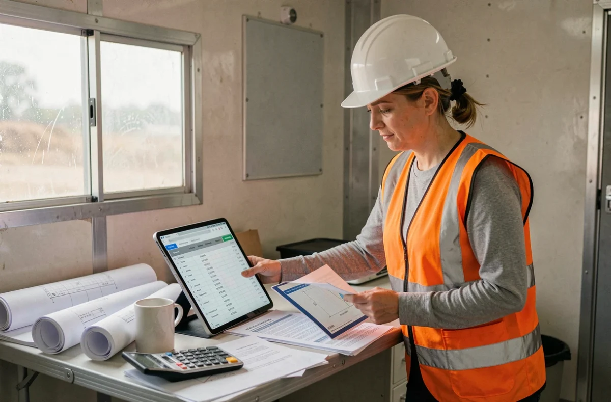 Métreur estimant le coût d'une dalle béton à partir du calcul de volume sur tablette