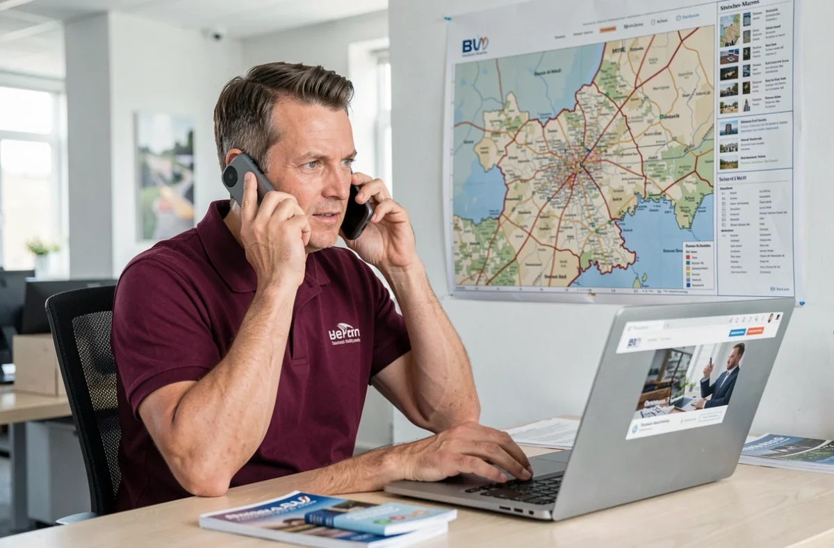 Coordinateur du réseau Mon Isolation Pro Seine-et-Marne en communication dans un bureau professionnel avec une carte régionale