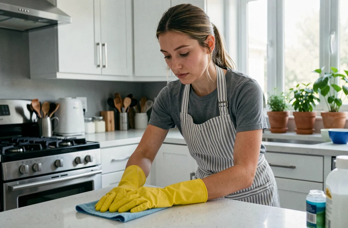 Femme de ménage nettoyant le plan de travail d'une cuisine moderne à Tours