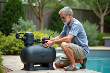 Homme d'âge moyen nettoyant un filtre de piscine extérieur