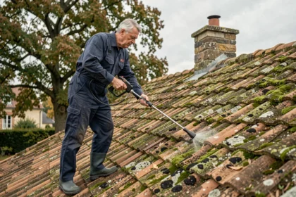 Professionnel utilisant un nettoyeur basse pression sur des tuiles en terre cuite recouvertes de mousse et de lichens
